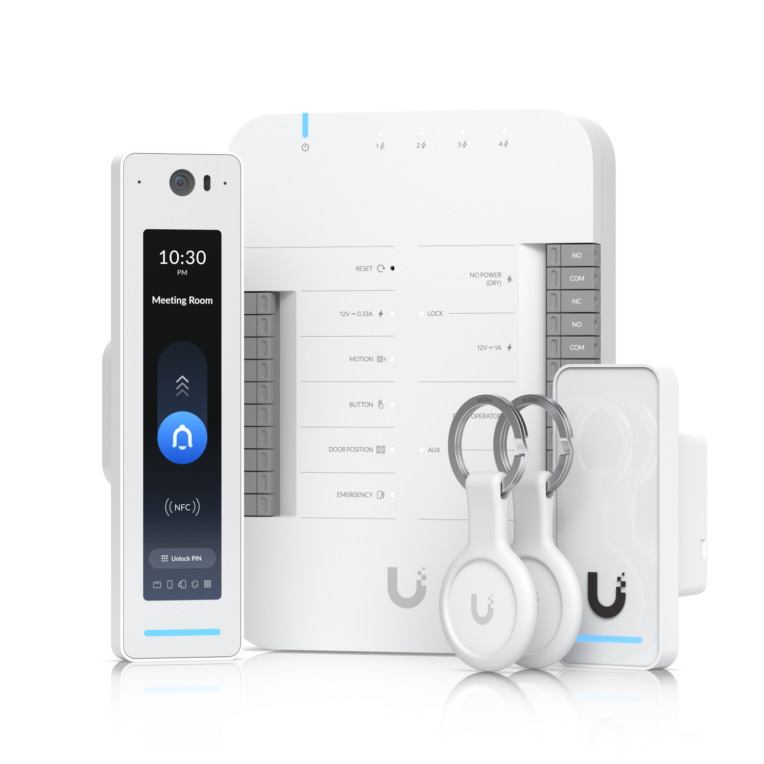 Smart home security system with a touchscreen control panel, key fobs, and sensors for door and motion detection, all in a white design.