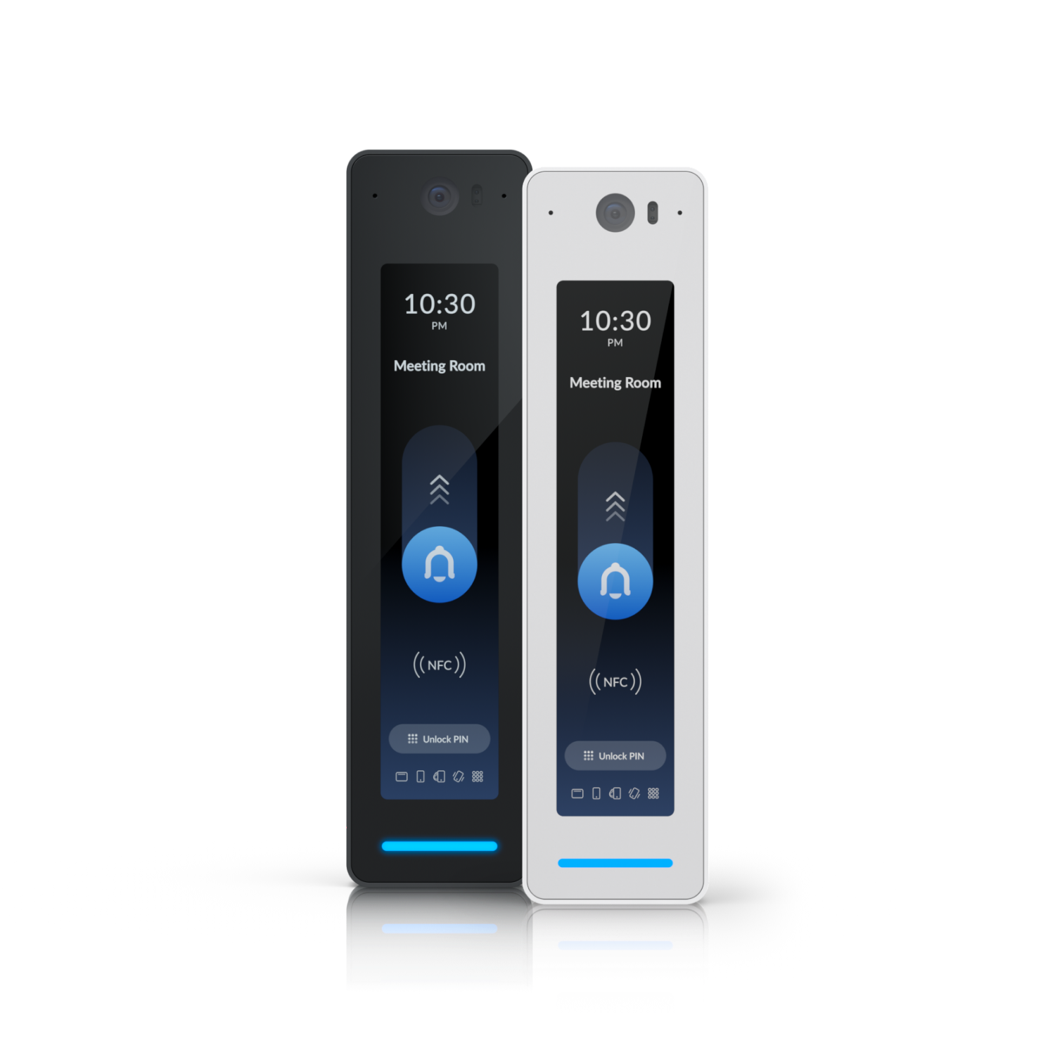 Two digital door lock devices, one black and one white, displaying the time 10:30 PM and a meeting room label. Each lock has a touchscreen panel with NFC symbol, unlock PIN button, and various icons at the bottom.