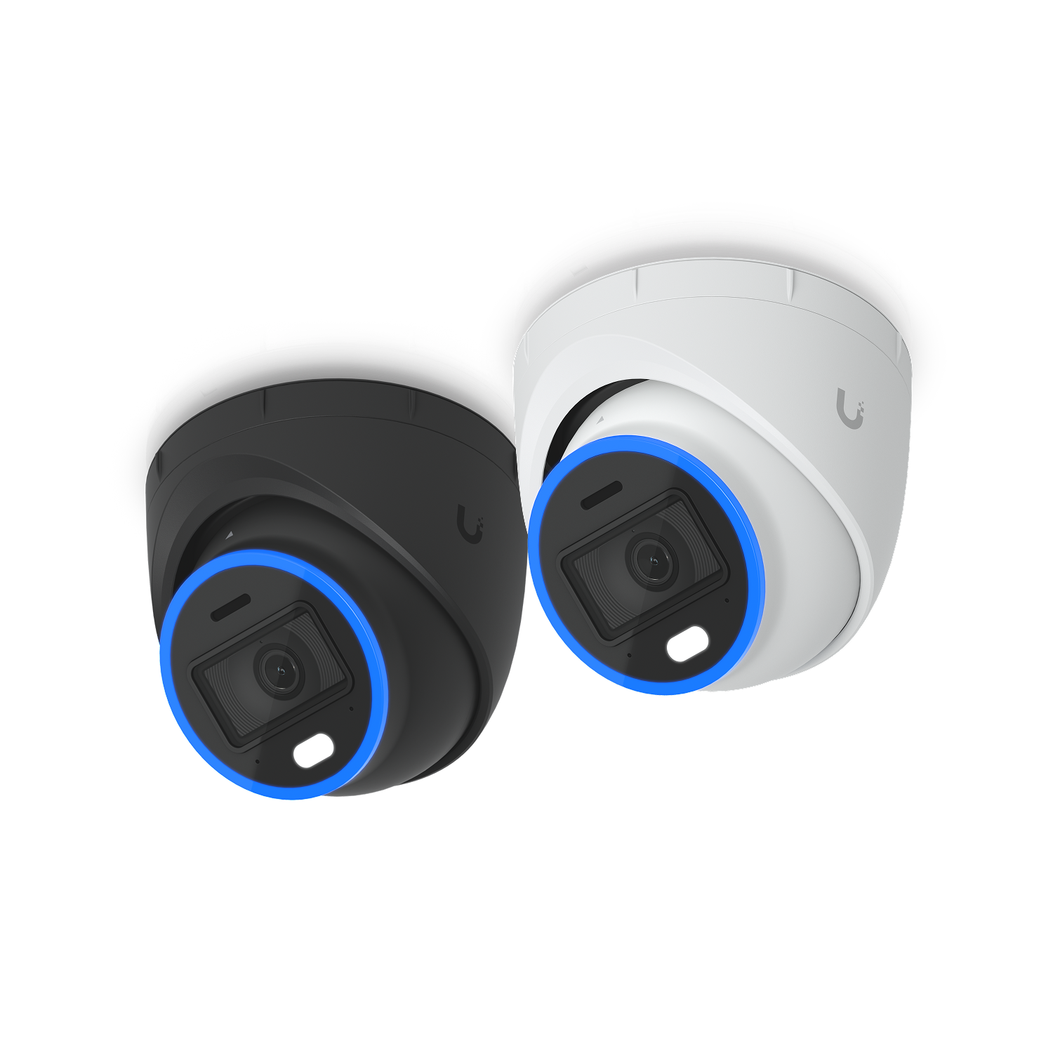 Two security cameras, one black and one white, with blue accents, facing downward.