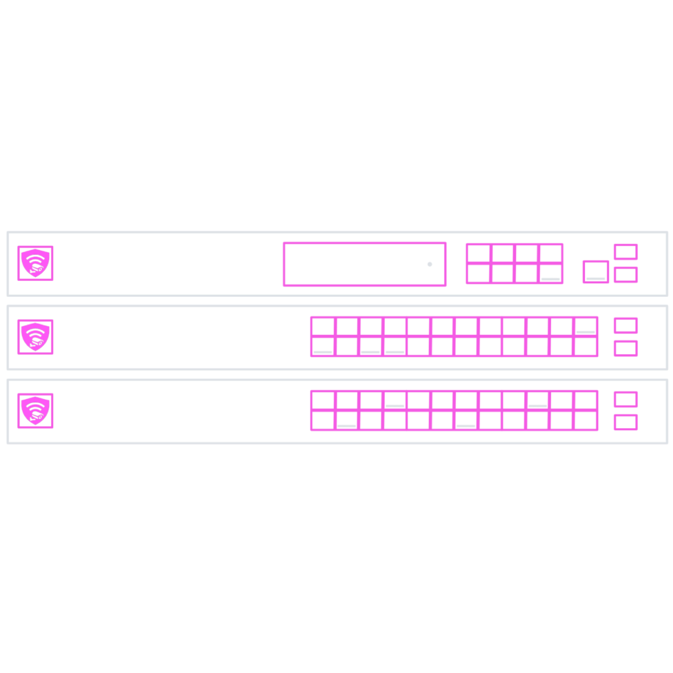 Line drawing of three servers with pink outlines and Wi-Fi icons on the left, set against a black background.