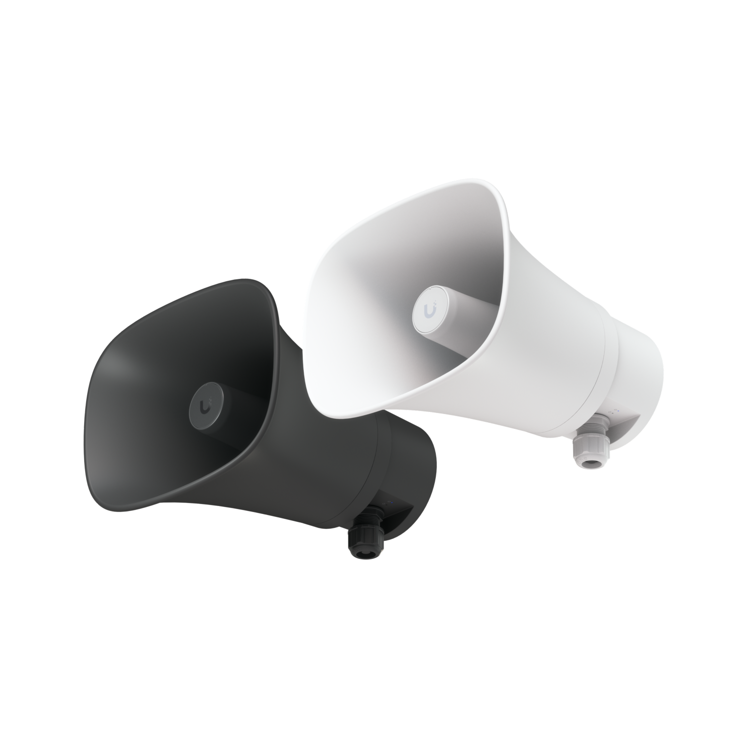 Two megaphones, one black and one white, facing opposite directions.