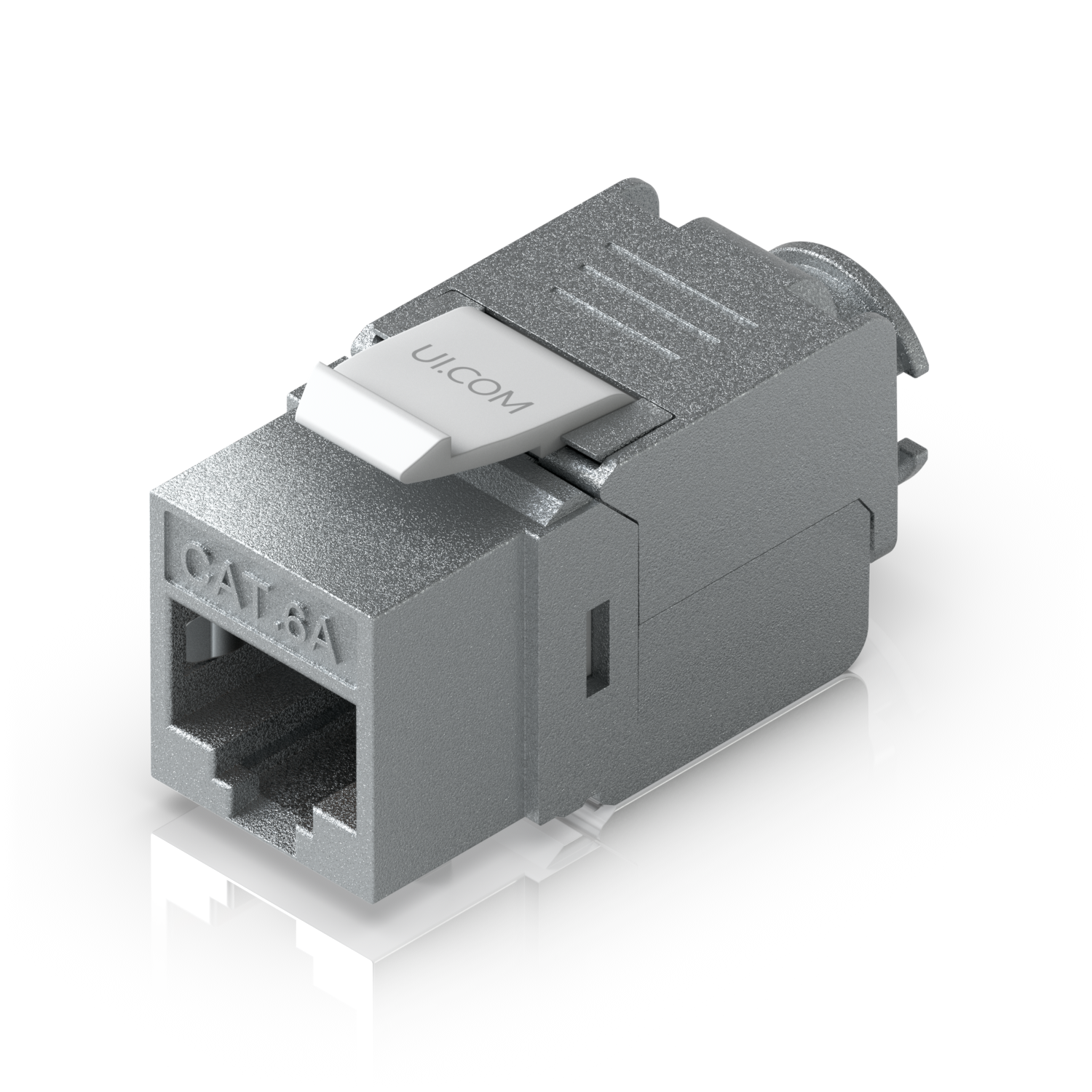 Close-up of an electrical RJ45 connector attached to a gray Ethernet socket with a white plug labeled 'U.1.COM' being inserted.