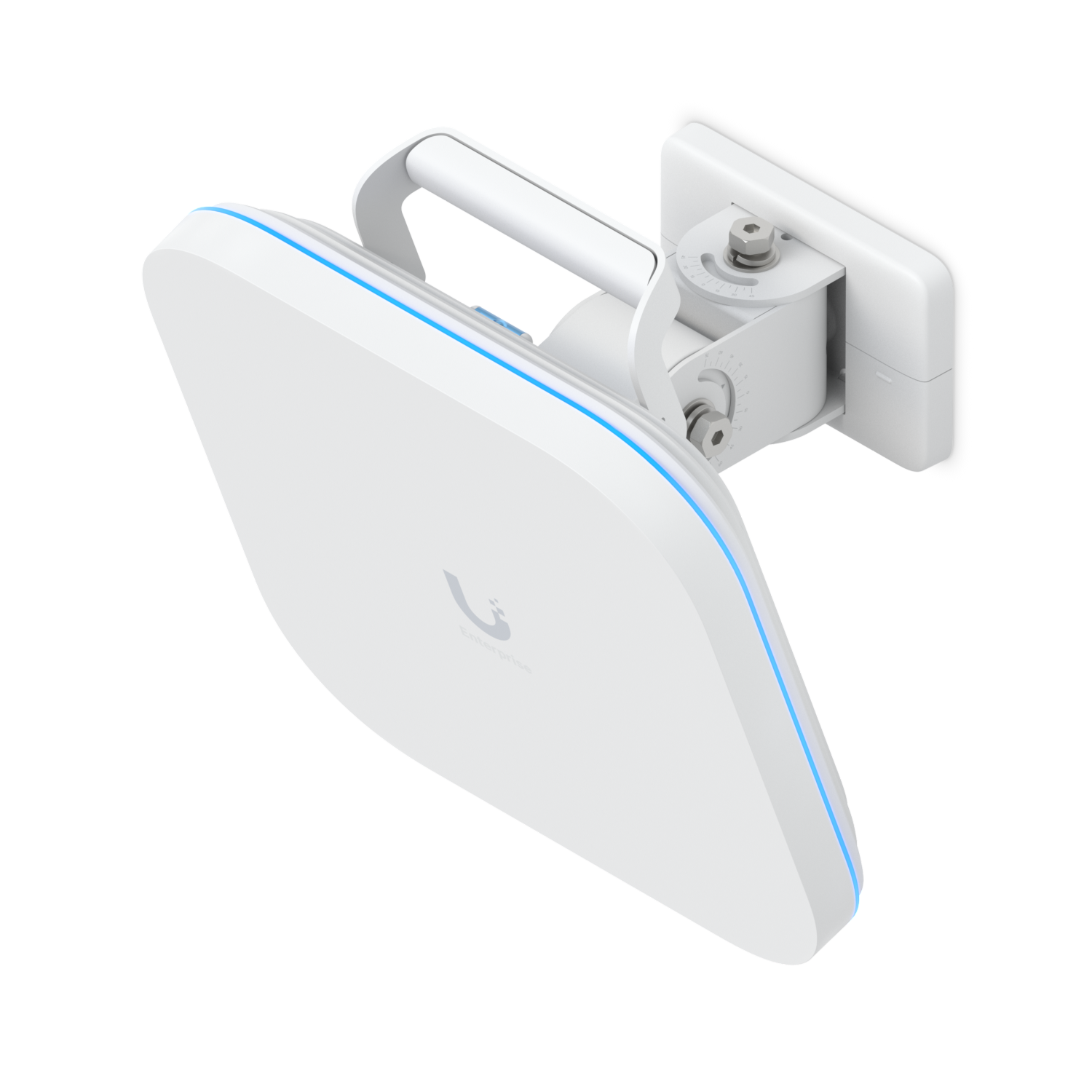 White rectangular wireless networking device with a blue LED light strip along its edge and connected to a wall mount with adjustable brackets.