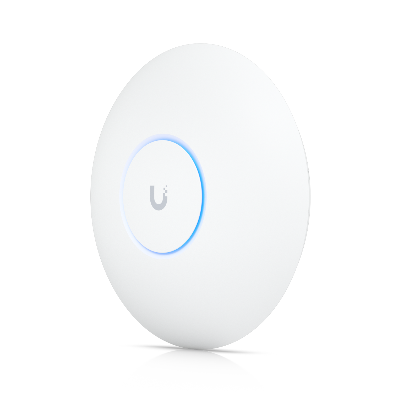 A white, egg-shaped smart device with a circular touchscreen displaying a U-shaped icon and illuminated with a soft blue light.