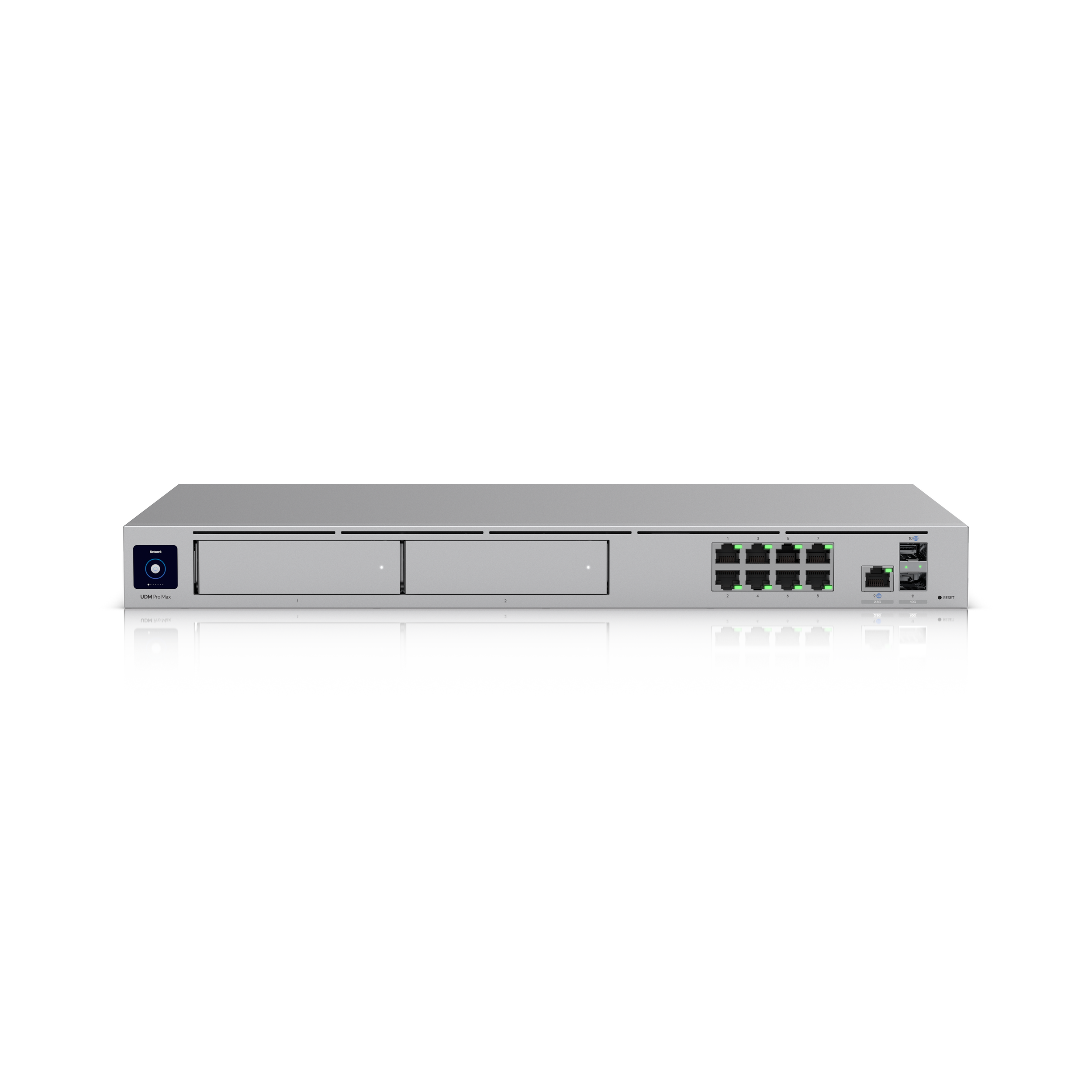 Two stacked network switches with multiple Ethernet ports, power buttons, and indicator lights, used in data centers or networking setups.