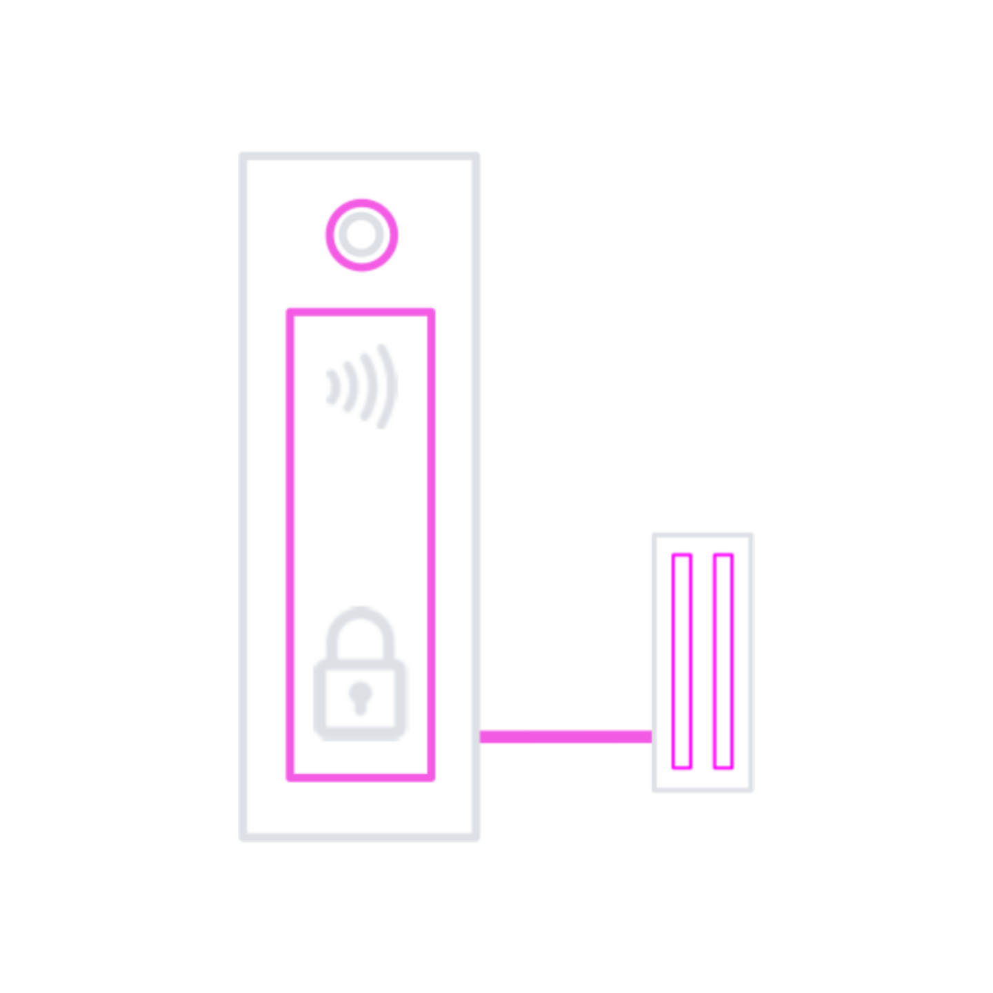 Neon illustration of a Wi-Fi router with a connected device, showing signal and lock icons.