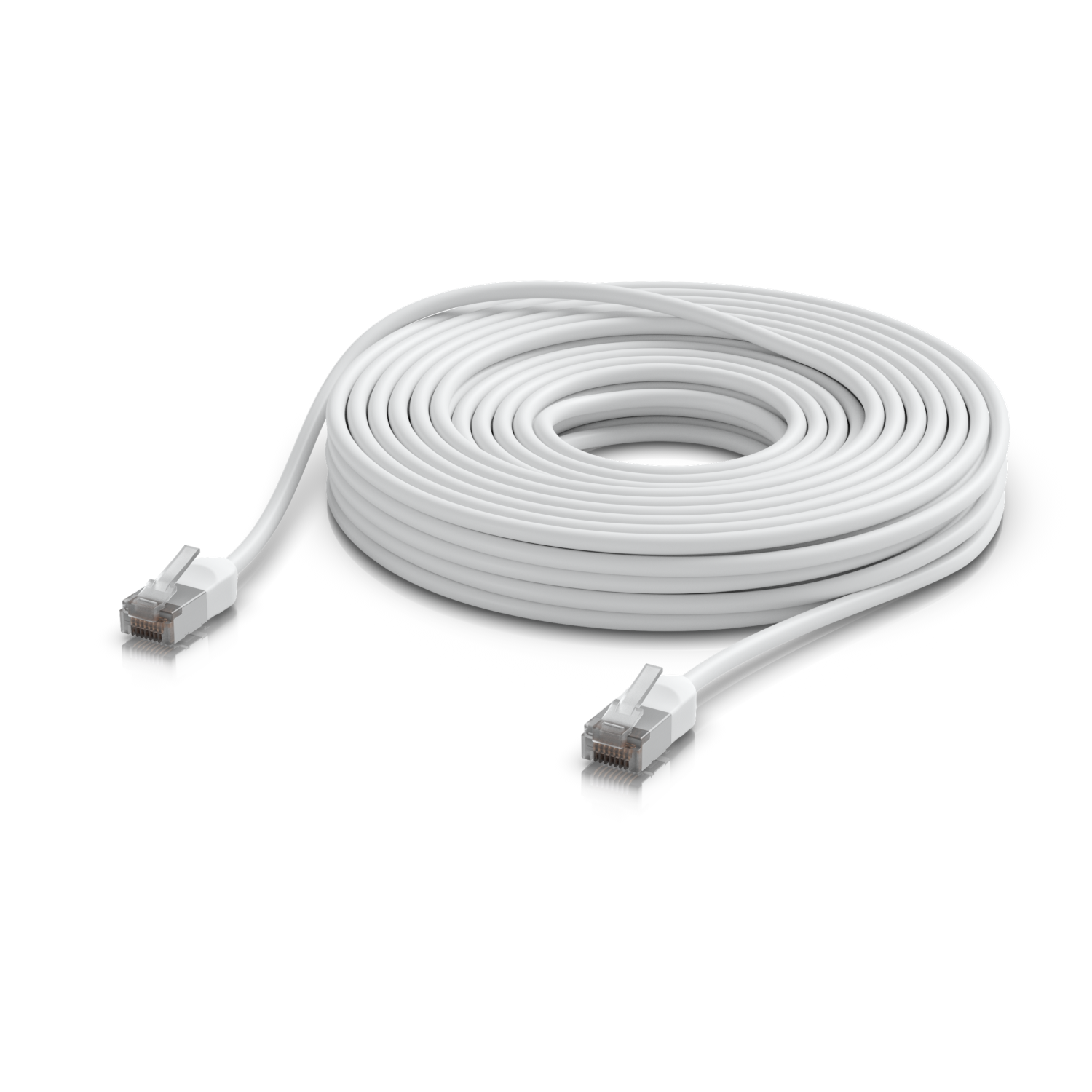 Coiled white Ethernet cable with RJ45 connectors on both ends, isolated on black background.