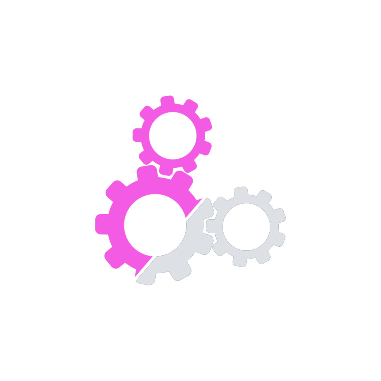 Four gears, two purple, one black, one white, interconnected on a black background.