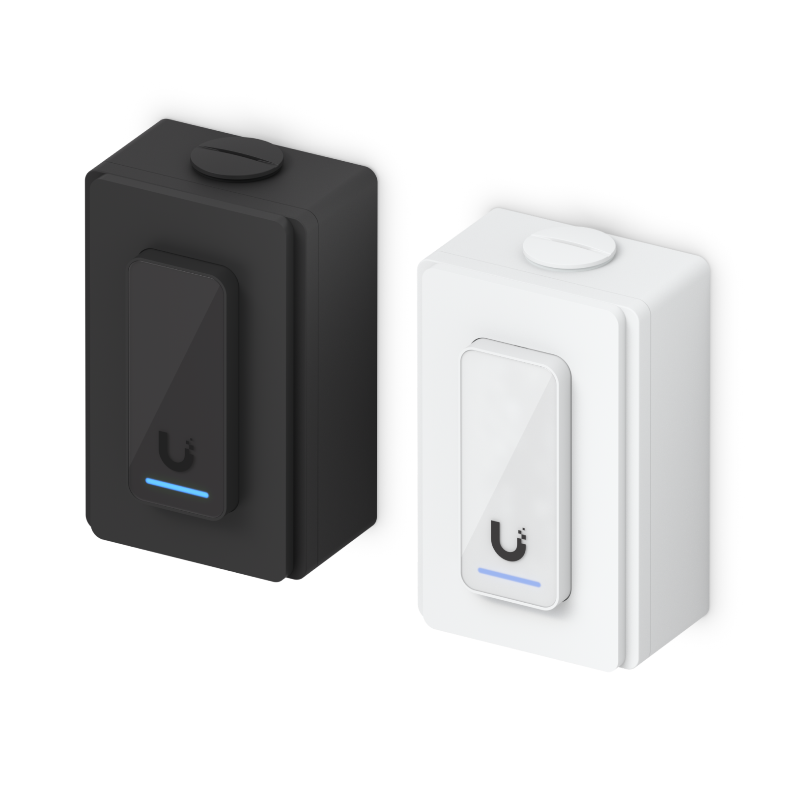 Two electronic dispensers, one black and one white, with a U-shaped logo and a blue indicator line, against a black background.