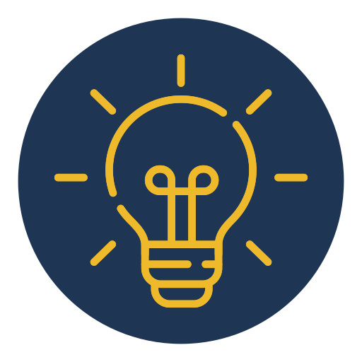 Icône d'une ampoule lumineuse jaune sur fond bleu, représentant une idée ou une innovation.