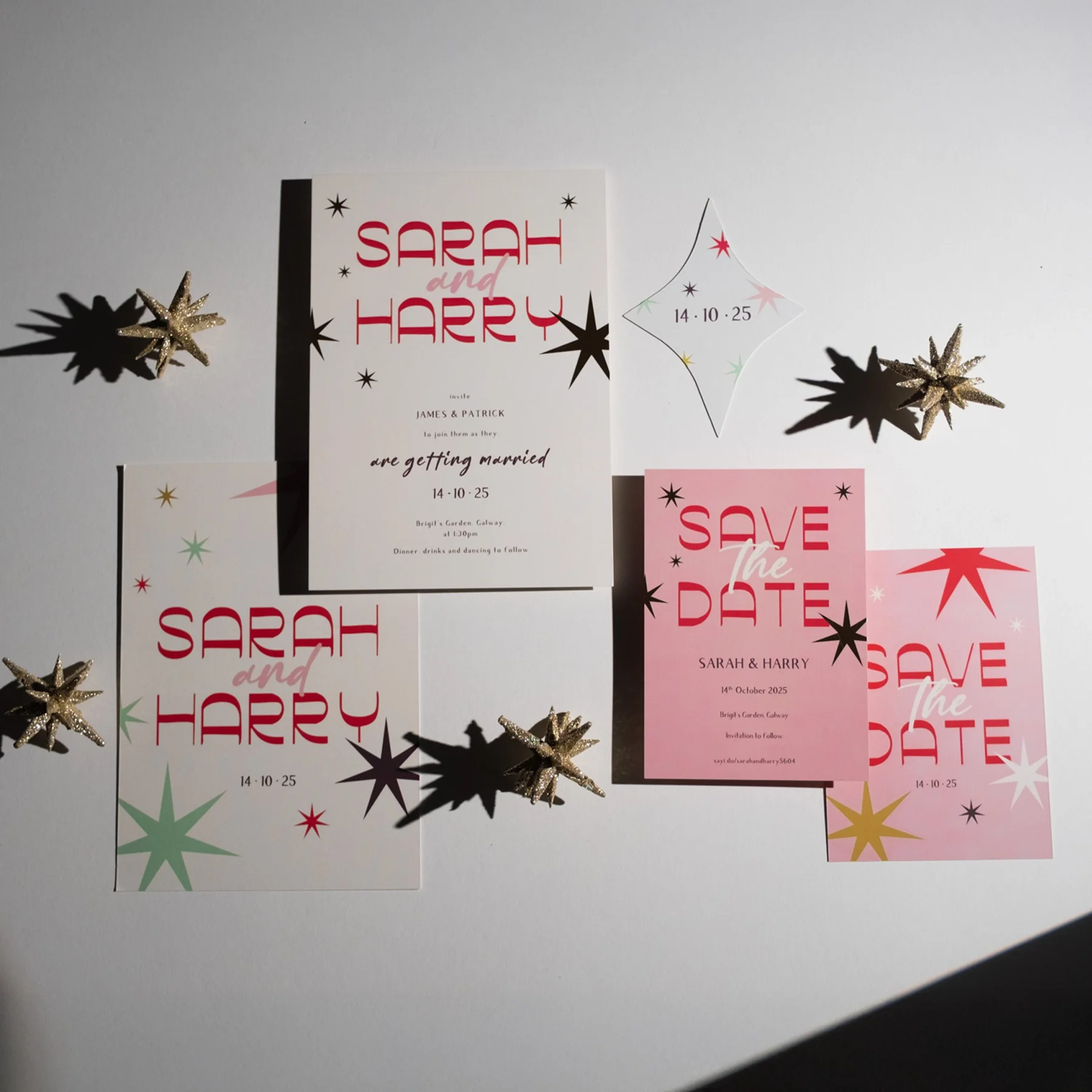 Wedding invitations and save the date cards for Sarah and Harry, with star-shaped decorations on a white background.