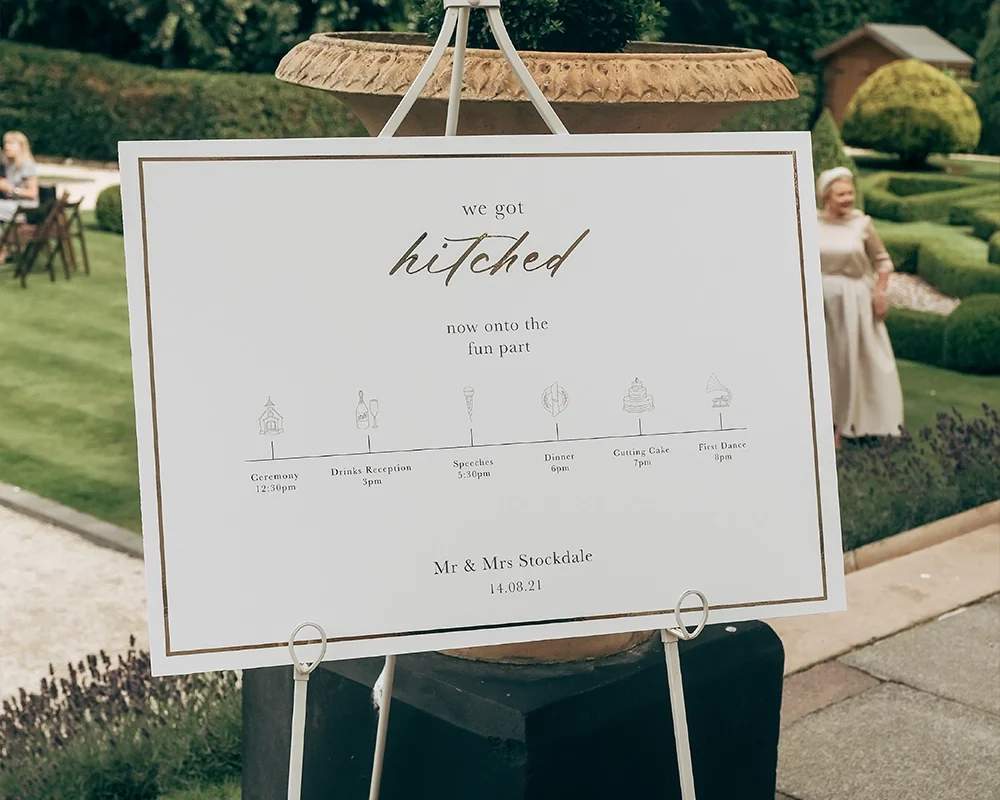 Wedding reception schedule sign featuring icons for ceremony, drinks reception, speeches, dinner, cutting cake, and first dance, placed outdoors with neatly trimmed hedges and a woman in vintage attire in the background.