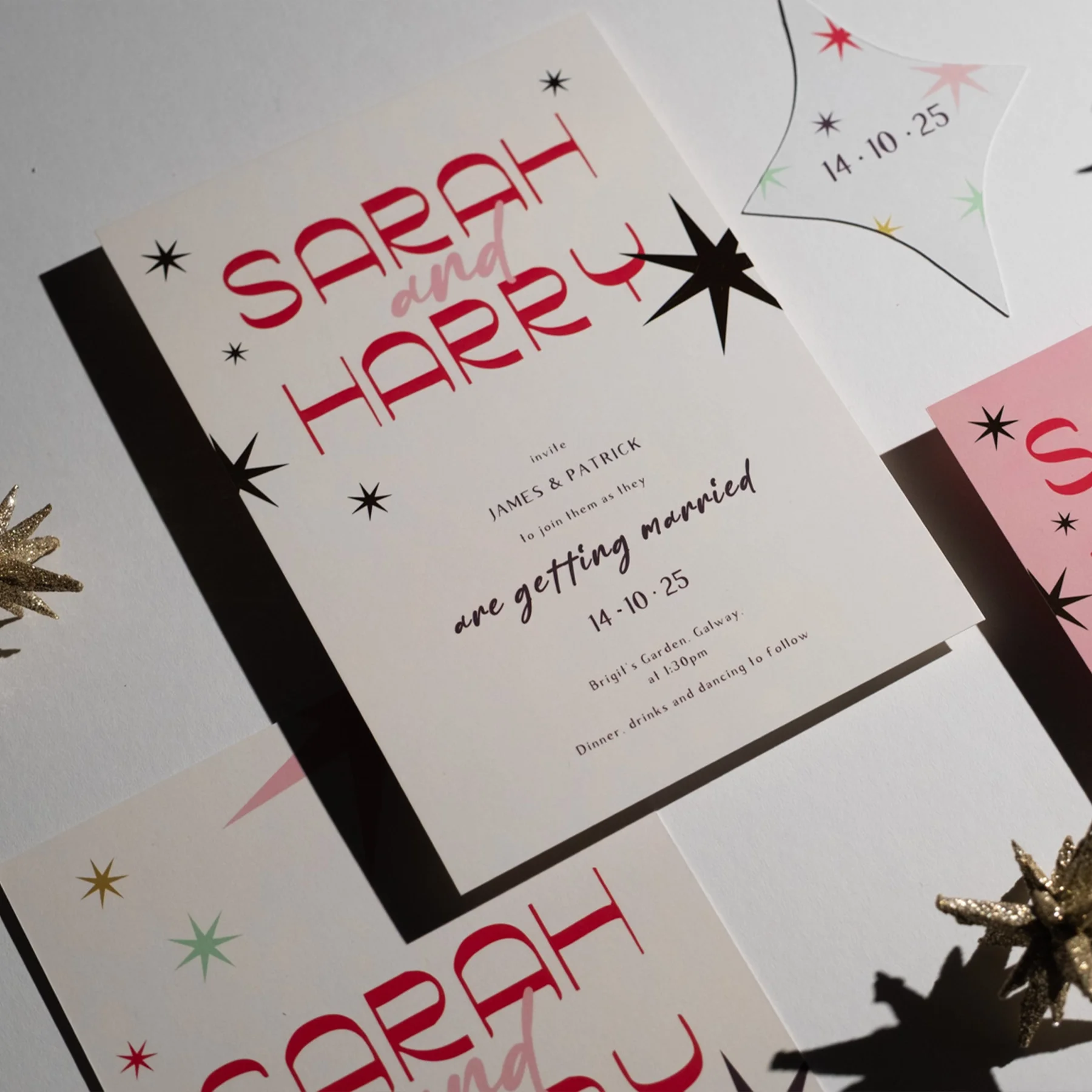 Wedding invitation for Sarah and Harry with star and sparkle decorations, indicating a wedding celebration on October 14, 2025, at Bright's Garden, Cork, with dinner, drinks, and dancing.