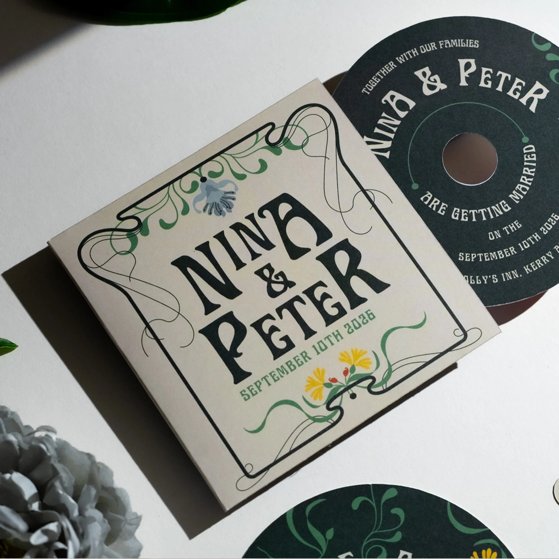 Invitation card for a wedding of Nina and Peter, scheduled for September 10th, 2026, featuring floral and decorative design elements.
