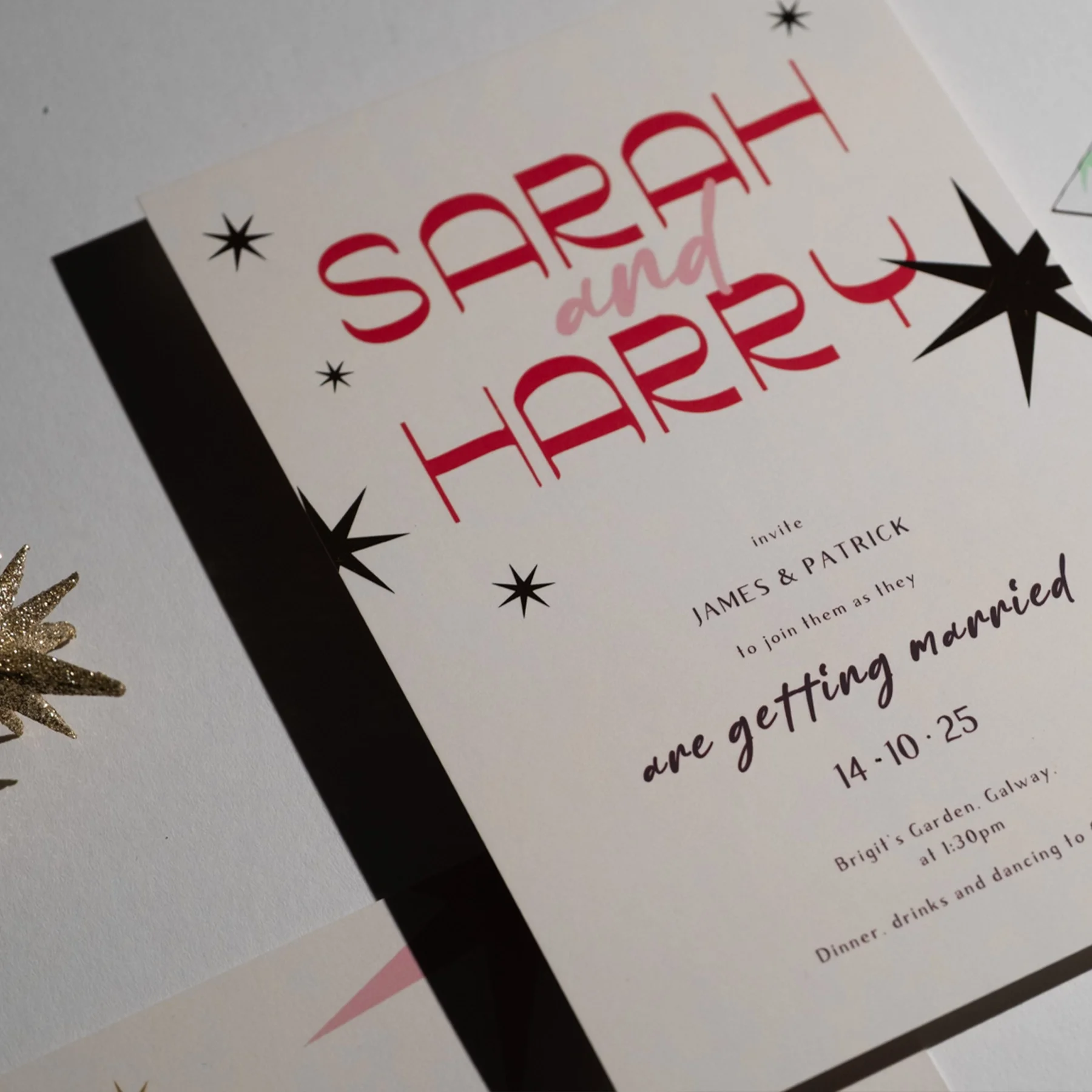 Invitation to a wedding celebration for James and Patrick, scheduled from October 14 to October 25, at Brigid's Garden in Galway, with dinner, drinks, and dancing.