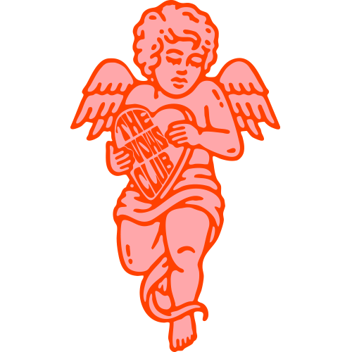 A pink cartoon angel with wings holding a heart-shaped object that reads 'The Youth Club'.