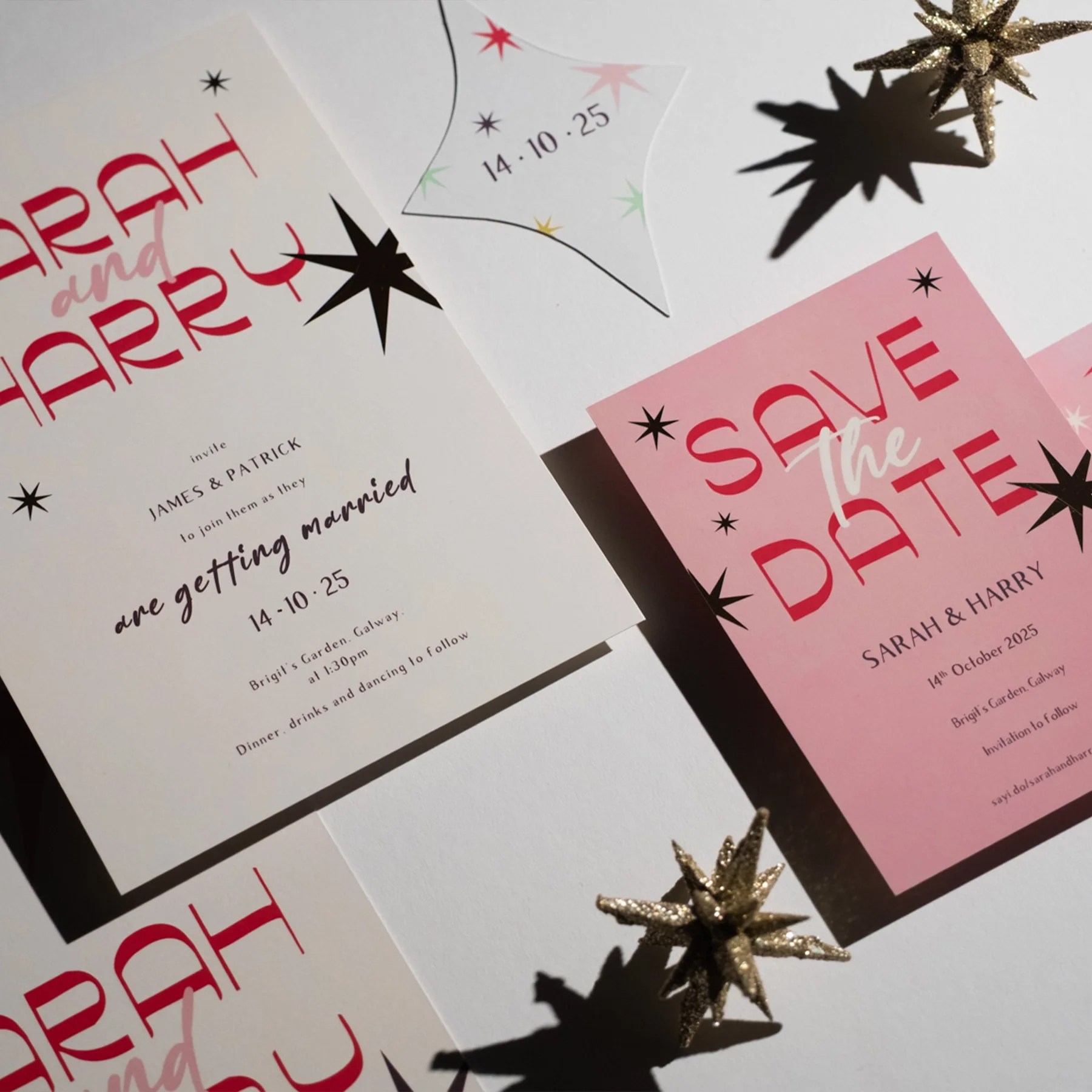 Close-up of wedding invitations and Save the Date cards with gold star decorations. The invitations mention a marriage celebration for Sarah and Harry on October 14, 2025, at Brigid's Garden in Galway.