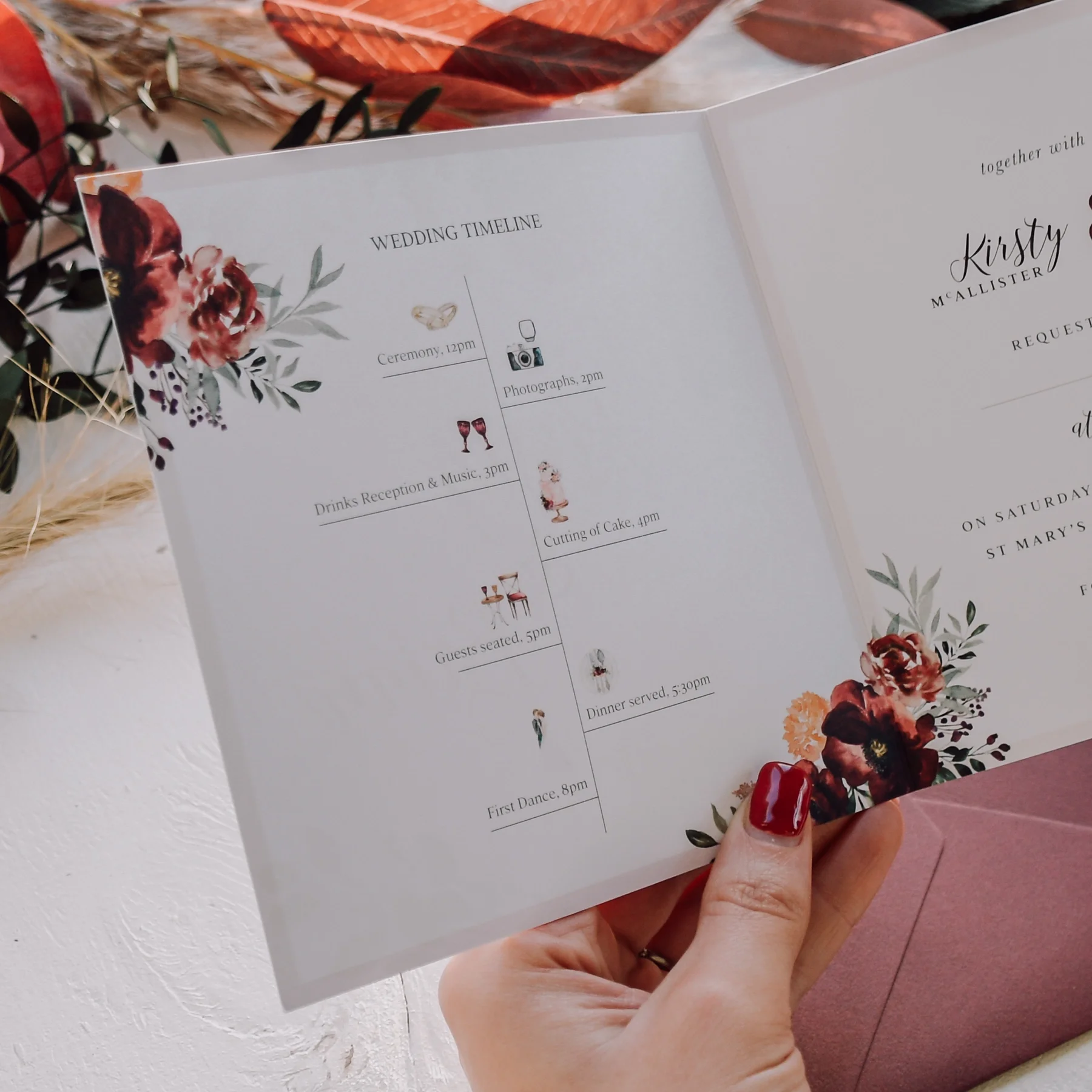 Wedding program with floral decorations, listing events like ceremony, drinks reception, music, cake cutting, and dinner, with icons for each event.