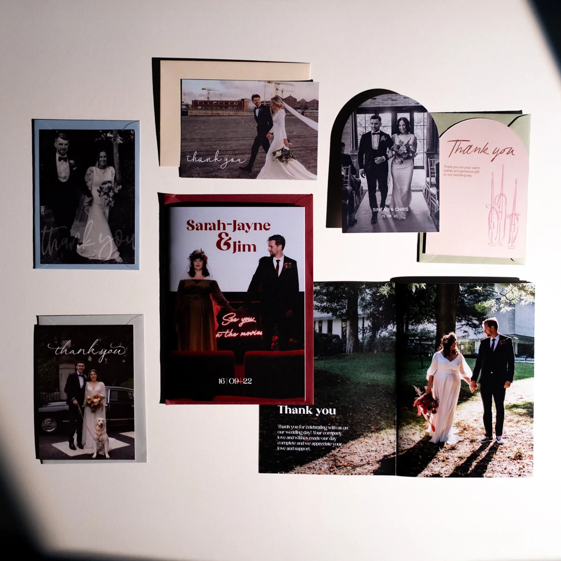 A collection of wedding thank you cards and photos of a bride and groom, including images of them walking together, posing with a dog, and a wedding poster featuring their names 'Sarah-Jayne & Jim' and the date '16 09 22'.