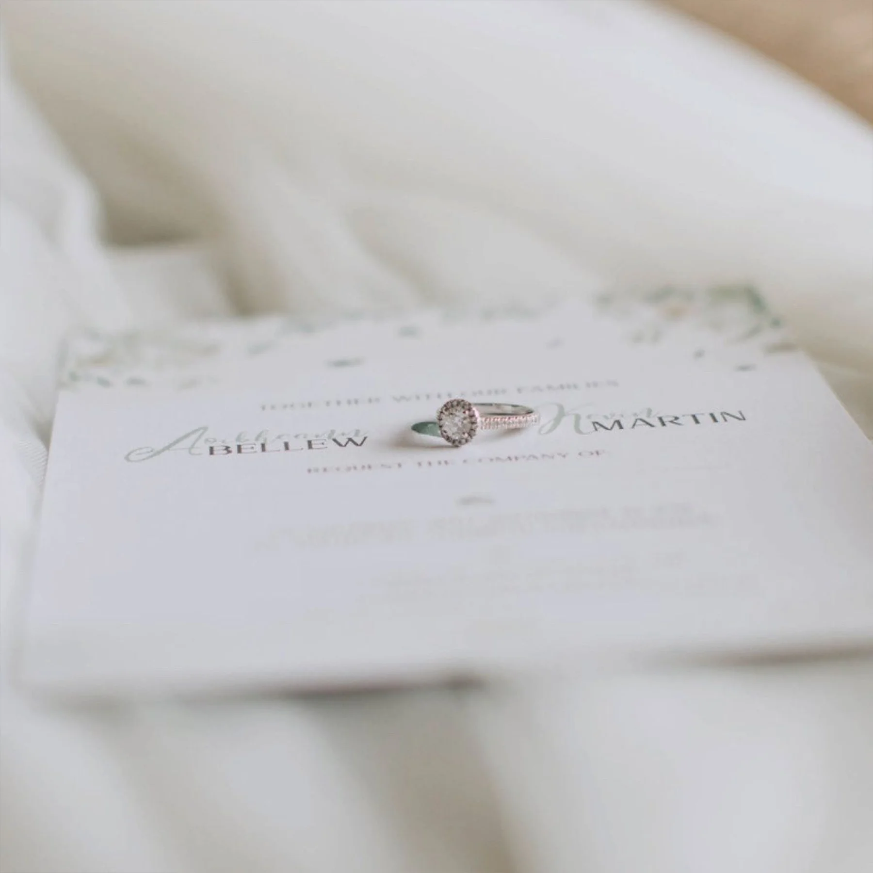 A wedding invitation card with a diamond engagement ring placed on top.