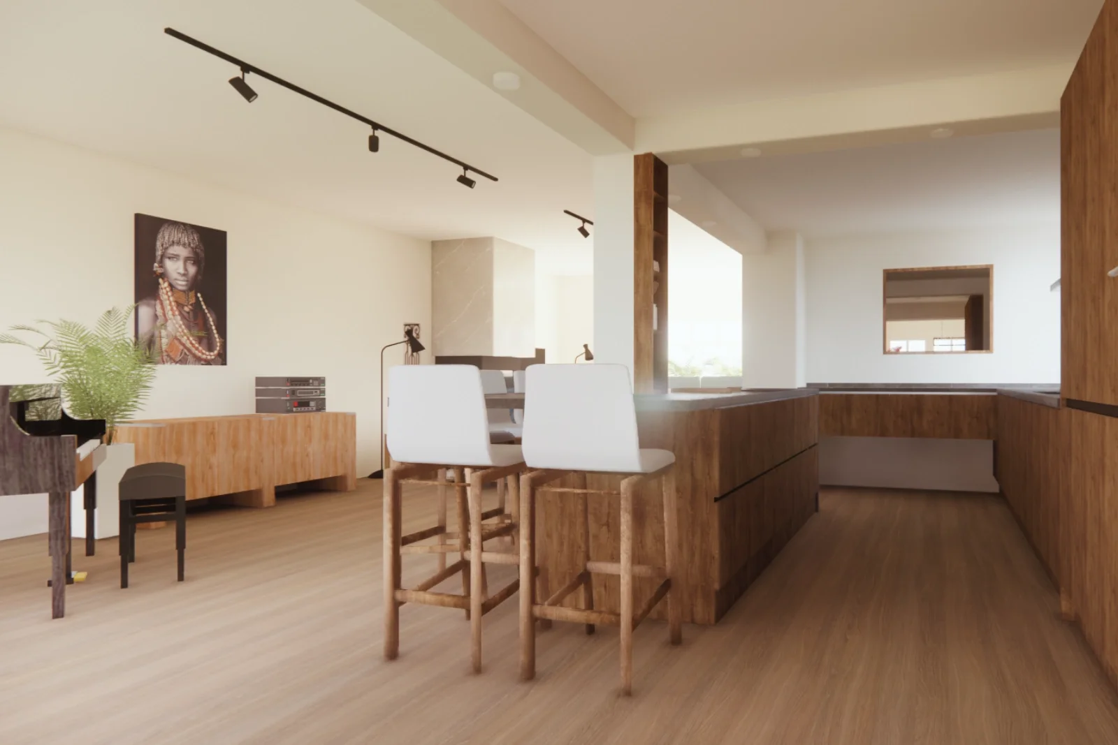 Moderne keuken met ingebouwd kookeiland in warm hout en een hoge tafel met witte barkrukken. Strakke lijnen, natuurlijke materialen en veel daglicht zorgen voor een rustige, tijdloze uitstraling. 3d/VR Sfeerimpressie. Interieuradvies, ontwerp en styl