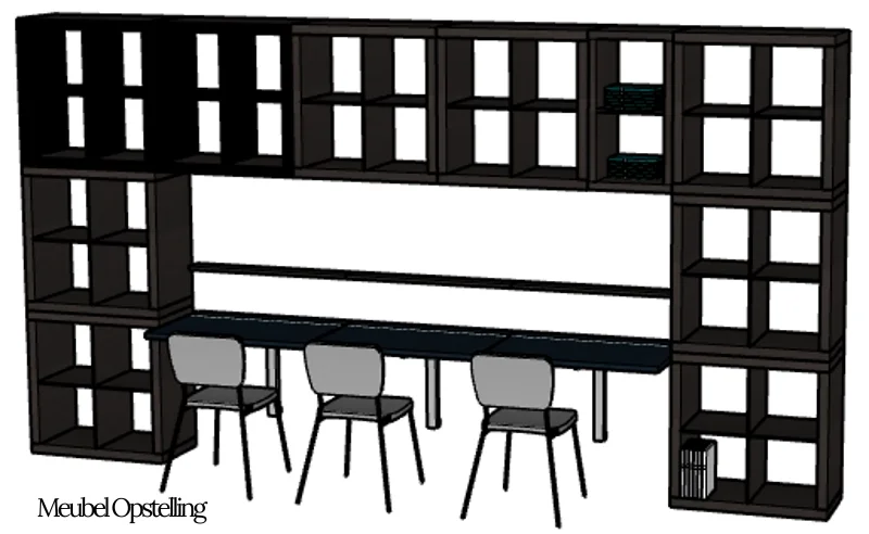 Meubelopstelling voor docenten studie kamer met maatwerk kastenwand en geïntegreerde werkplek, ideaal als flexibele overleg- en laptoptafel met veel opbergruimte en een strakke, moderne uitstraling. Interieuradvies, ontwerp en styling door En-Casa In