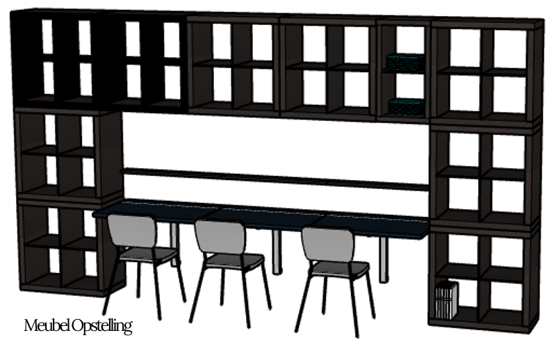 Meubelopstelling voor kantoor met maatwerk kastenwand en geïntegreerde werkplek, ideaal als flexibele overleg- en laptoptafel met veel opbergruimte en een strakke, moderne uitstraling.