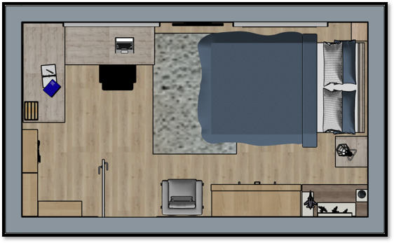 Een duidelijke plattegrond/indelingsschets van de slaapkamer, waarin je in één oogopslag ziet hoe de ruimte logisch is verdeeld. Het bed ligt centraal met aan weerszijden loopruimte, waardoor de kamer rustig en ruimtelijk aanvoelt. De kastenwand zorg