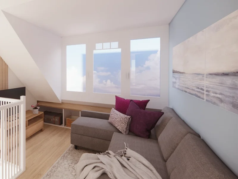 Deze 3D/VR sfeerimpressie toont een alternatief indelingsvoorstel voor de overloop op zolder, ingericht als gezellige lounge- en gamehoek. De slaapbank biedt een comfortabele plek om tv te kijken, te ontspannen of samen met vrienden te gamen, terwijl