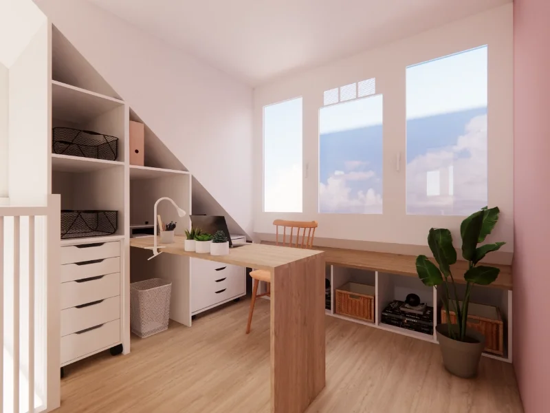 Deze 3D/VR sfeerimpressie toont een alternatief indelingsvoorstel voor de overloop op zolder, ingericht als praktische thuiswerkplek met maatwerk opbergruimte. Het bureau is geïntegreerd in een slimme kastopstelling onder de schuine kap, waardoor wer