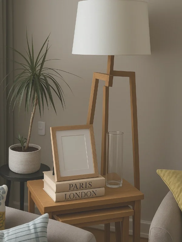 Deze foto laat een sfeervol gestylde bijzettafel zien uit de woonkamer & eetkamer make-over, met een warme houten tafel, rustige accessoires en natuurlijke materialen. De staande lamp met witte kap zorgt voor zachte verlichting, terwijl de plant en n