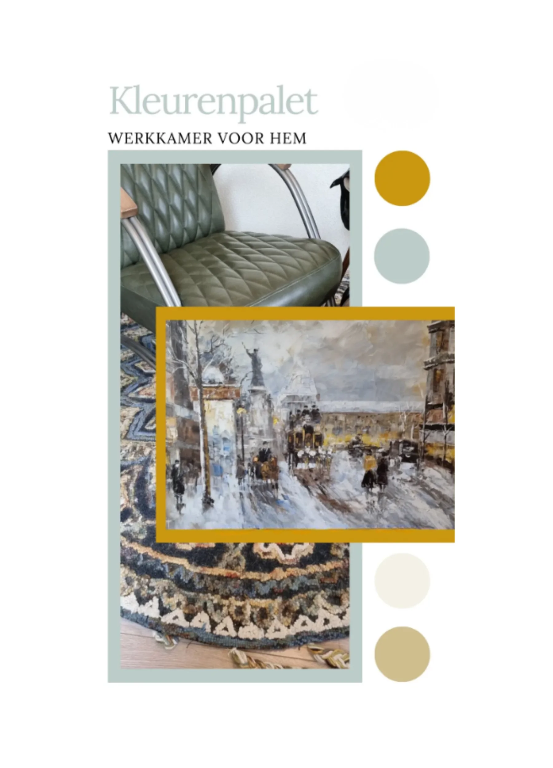 Kleurenpalet voor een stoere werkkamer, samengesteld op basis van het bestaande vloerkleed, schilderij en de industriële fauteuil.