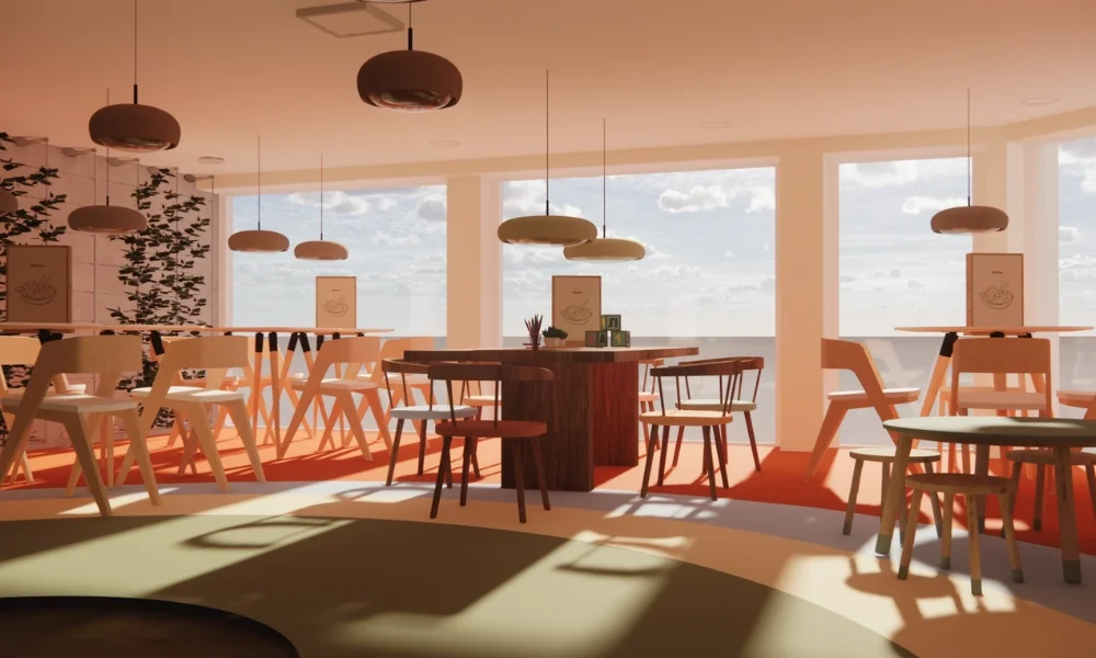 Zicht op het restaurant van De Groentjes: koken en casa, waar families samen kunnen eten en genieten. Hier proef je gerechten die beneden met kinderen zijn geplukt en gekookt, óf je kiest gewoon iets lekkers van de menu/kaart. Door het vele daglicht,