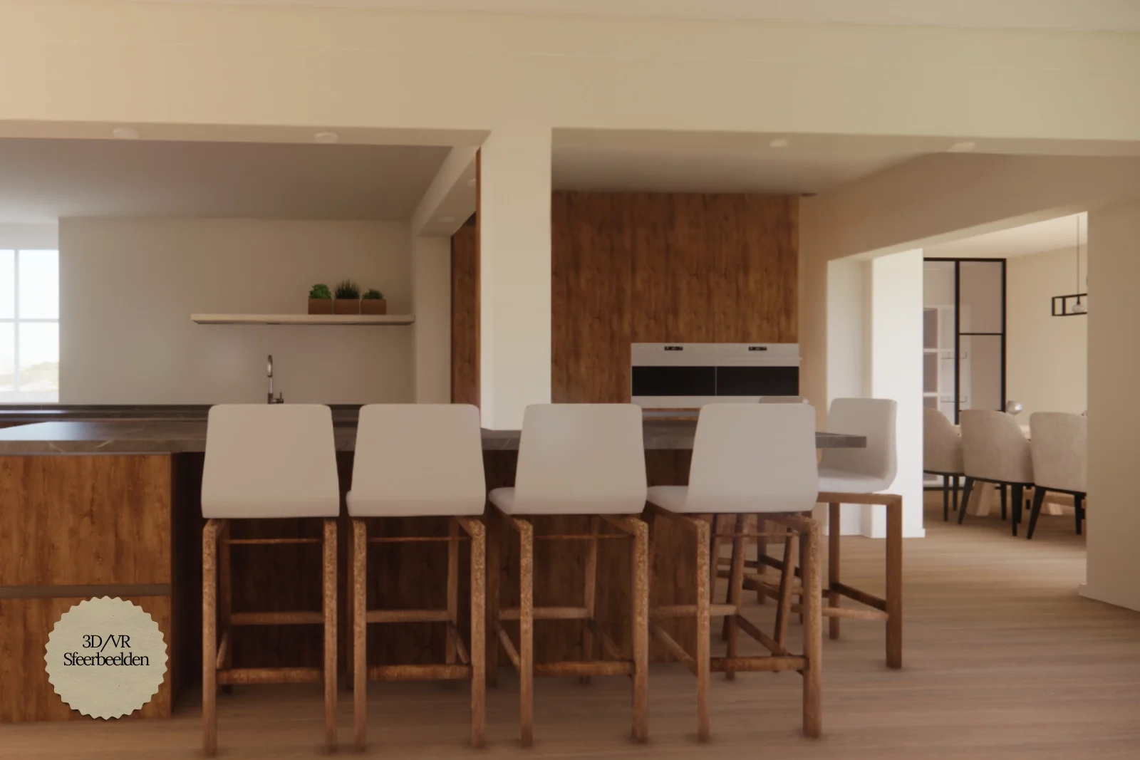 Moderne, minimalistische keuken met een ruim kookeiland, zes witte barkrukken en warme houtaccenten. Lichte tinten en een open indeling zorgen voor een rustige, stijlvolle uitstraling. 3D/VR Sfeerimpressie. Interieuradvies, ontwerp en styling door En
