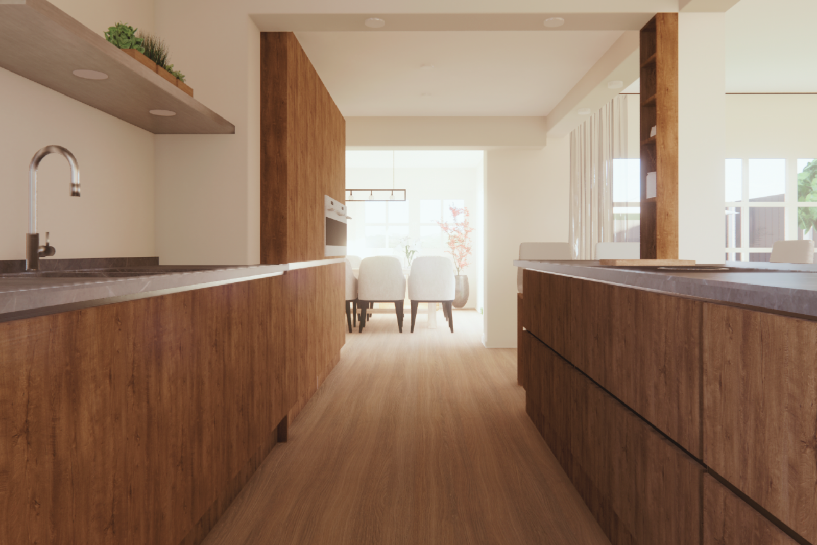 Lange, moderne keuken met warme houten kasten en een grijs gepolijst keramisch werkblad, gecombineerd met een lichte houten vloer en veel daglicht voor een rustige, minimalistische uitstraling. 3D/VR sfeerimpressie.