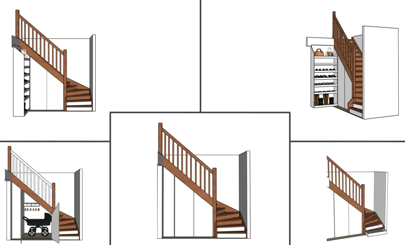 Ontwerptekeningen van een maatwerk trapkast onder de trap, met slimme opbergruimte en praktische indelingsopties voor de entree in Heemskerk.