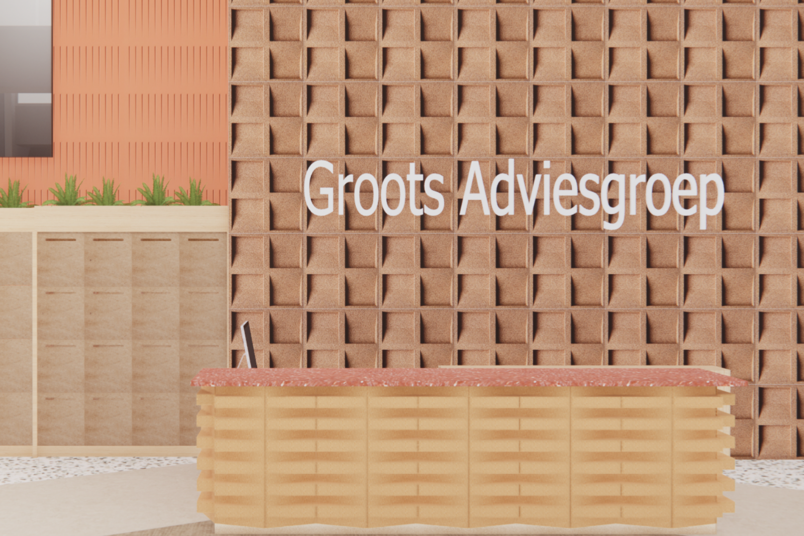 3D-visualisatie van de receptiebalie bij Groots Adviesgroep met het logo op een uitgesproken, reliëfwand als krachtige achtergrond. De balie in warm hout en het blad met een zachte, natuurlijke tint geven het geheel een vriendelijke en toegankelijke 