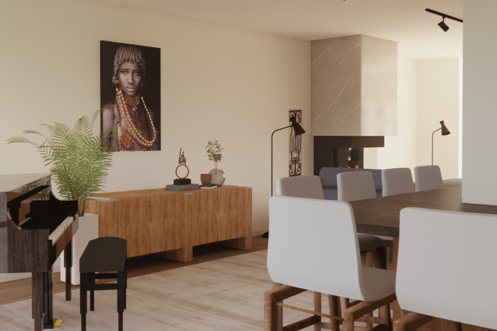 Sfeerimpressie van de begane grond met drie zones: een open keuken met kookeiland gericht op de woonkamer, en een woonkamer met twee delen—links een zithoek met zicht op de tuin en recht een zithoek met openhaard, uitkijkend op de raampartij. 3D/VR s