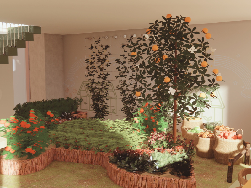 Groene indoor moestuin bij De Groentjes: koken en casa, met een speelse sinaasappelboom, kruiden en groentebedden in organische vormen. De lage randen van natuurlijk materiaal geven structuur en maken de beplanting goed bereikbaar, terwijl het warme 