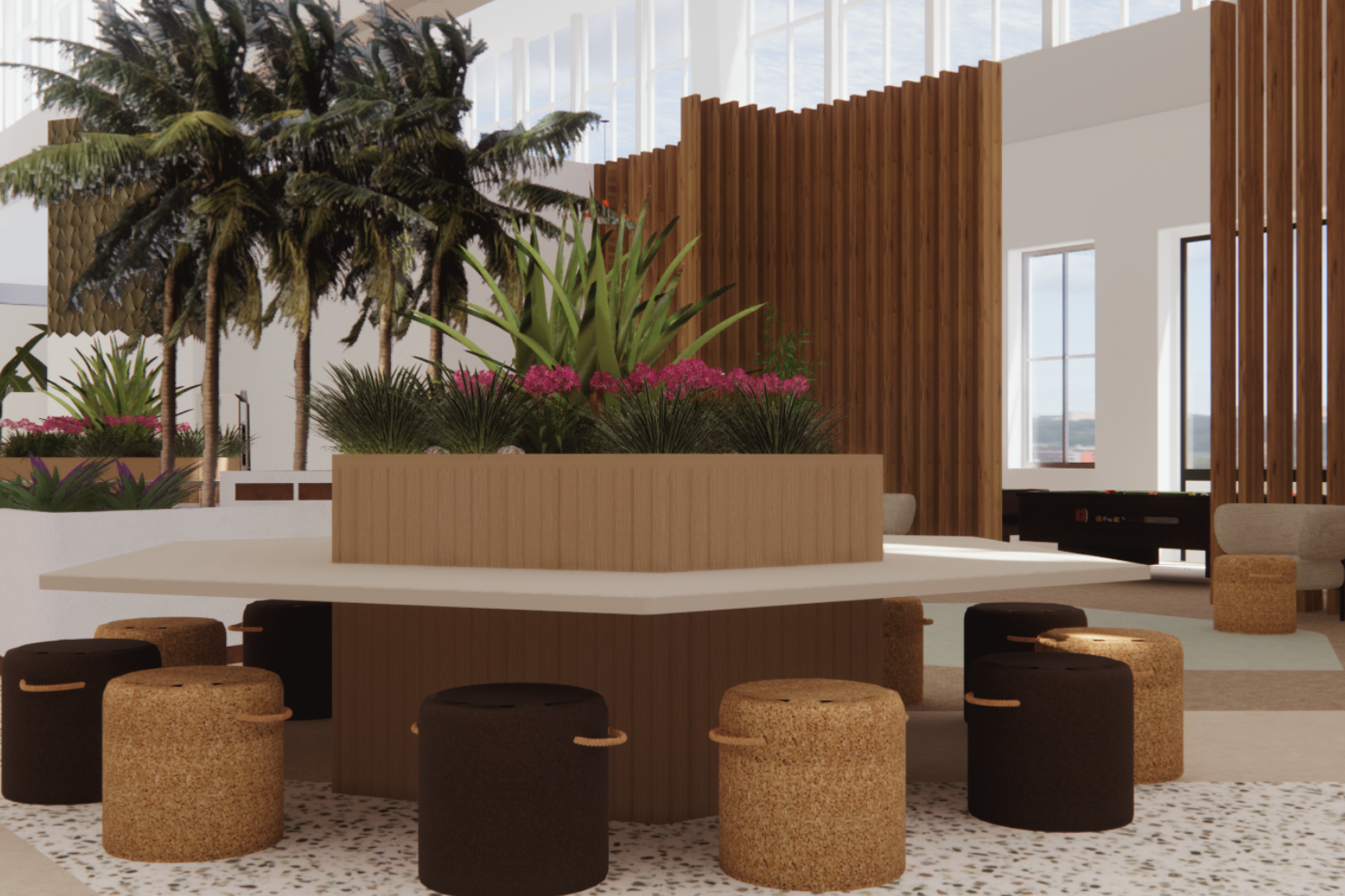 3D-visualisatie van de grote ontmoetingstafel in de entree van Groots Adviesgroep, met een groen-eiland als natuurlijk middelpunt. De warme houten basis en het lichte blad zorgen voor een rustige, moderne uitstraling, terwijl de beplanting en kleurri