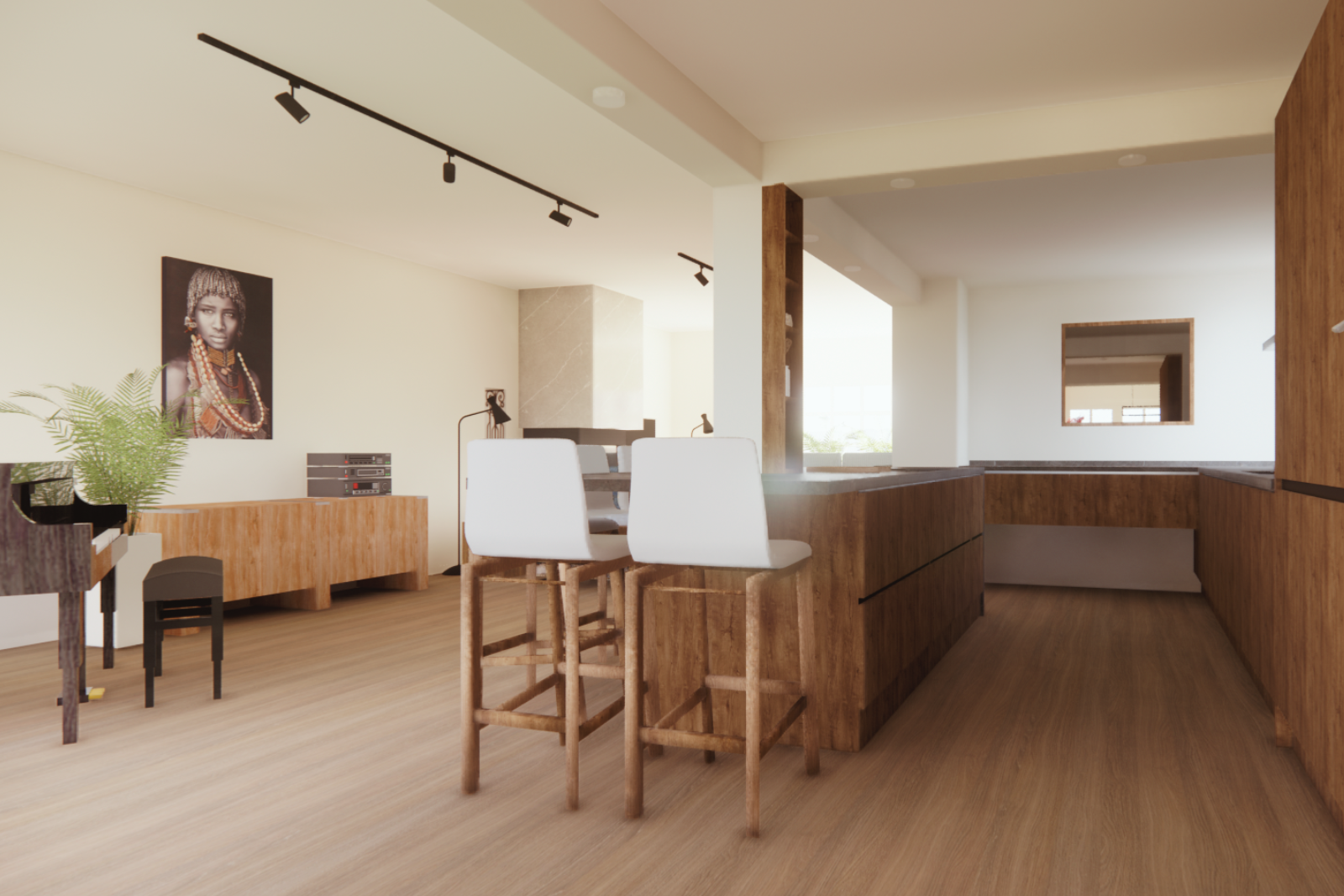 Lichte, moderne keuken met ingebouwd kookeiland in warm hout en een hoge tafel met witte barkrukken. Strakke lijnen, natuurlijke materialen en veel daglicht zorgen voor een rustige, tijdloze uitstraling. 3d/VR Sfeerimpressie