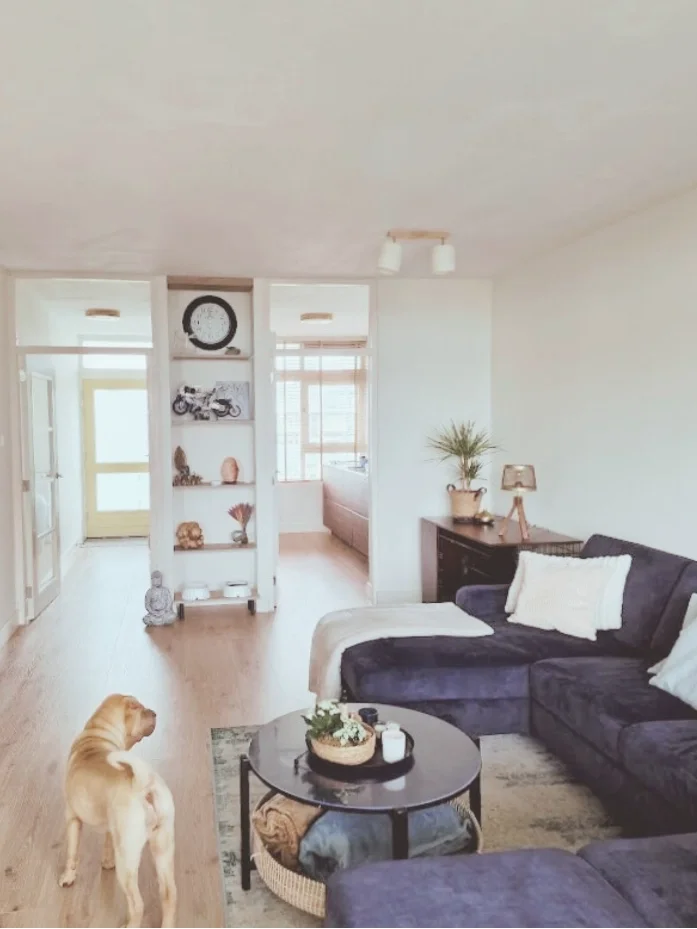 Woonkamer inspiratie: donkerblauwe bank, ronde salontafel en lichte basis. Praktisch én sfeervol ingericht, ook fijn met huisdieren.  Interieuradvies, interieurontwerp en styling door En-Casa Interiors in Noord-Holland.