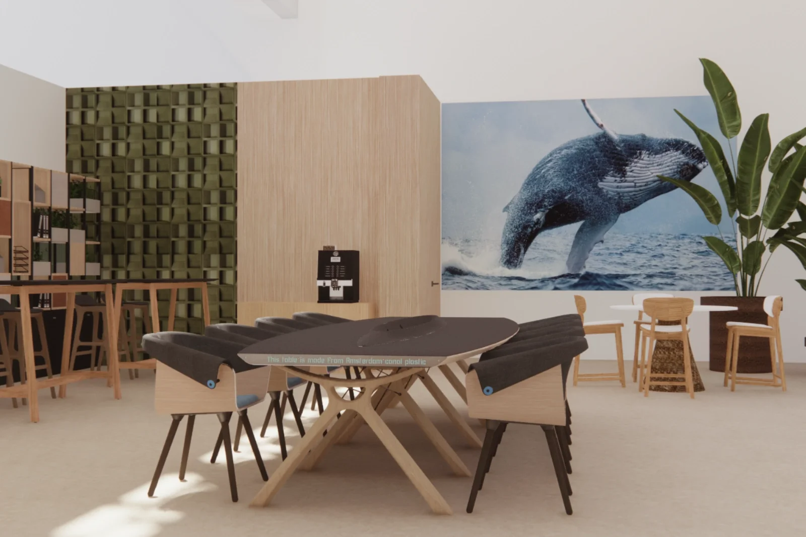 3D-visualisatie van een vergaderruimte bij Groots Adviesgroep met een grote tafel en circulaire stoelen als centraal punt. De lichte basis en warme houttinten zorgen voor rust, terwijl de groene wandstructuur en de grote walvisprint een frisse, inspi