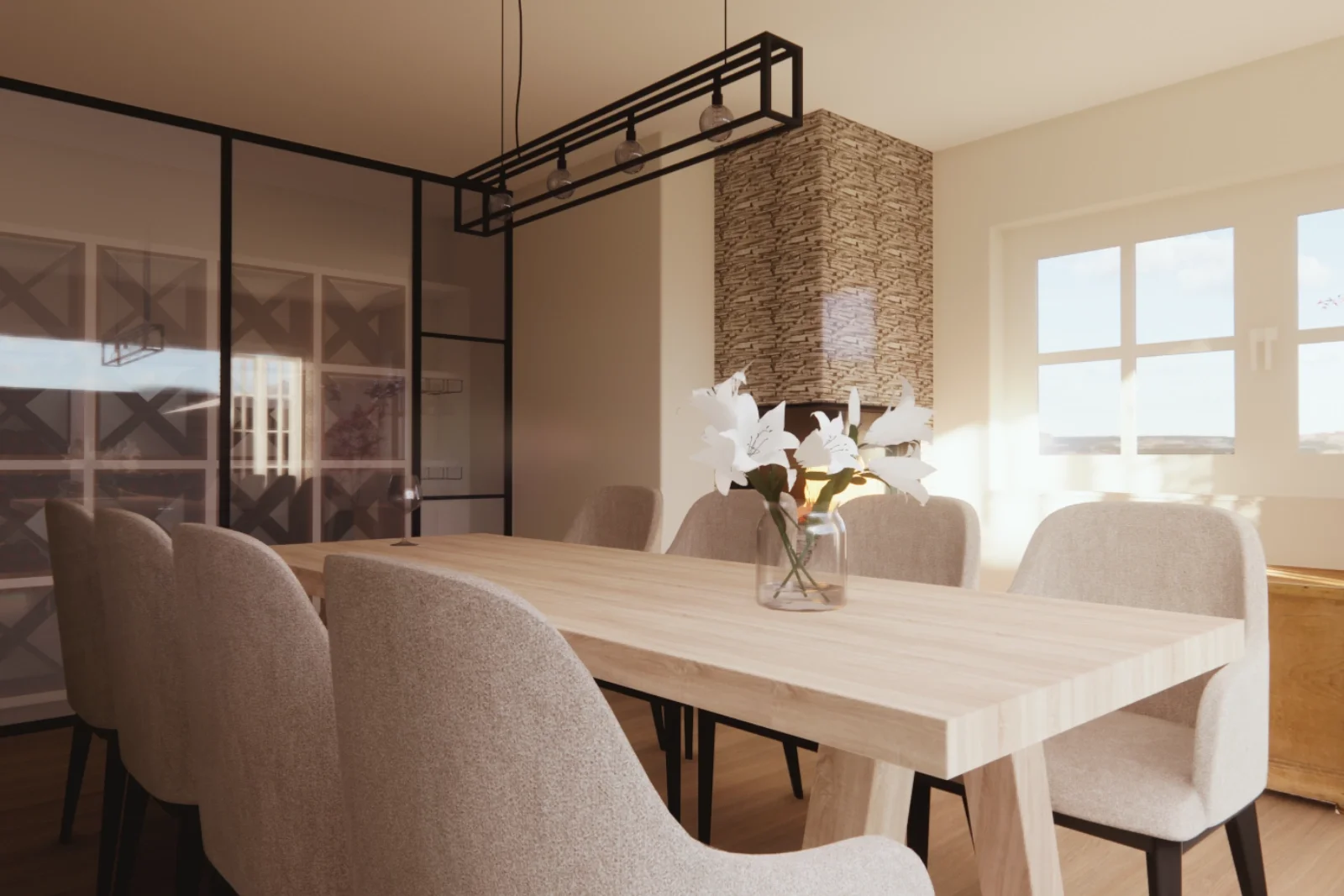 Moderne eetkamer met lichte eettafel en zachte, beige stoelen, gecombineerd met een zwarte designlamp en een glazen wijnkast. Achterin vormt de openhaard met steenaccenten een warme blikvanger, met veel daglicht voor een rustige, luxe sfeer. 3D/VR sf