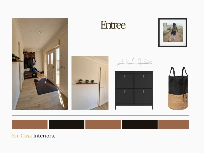 Entree moodboard met een rustige, warme basis in zwart en bruintinten, aangevuld met natuurlijke accessoires en een opgeruimde, uitnodigende uitstraling – interieuradvies & styling door En-Casa Interiors.