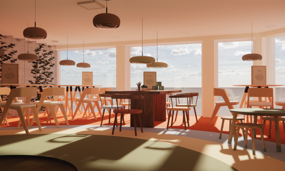 Zicht op het restaurant van De Groentjes: koken en casa, waar families samen kunnen eten en genieten. Hier proef je gerechten die beneden met kinderen zijn geplukt en gekookt, óf je kiest gewoon iets lekkers van de menu/kaart. Door het vele daglicht,