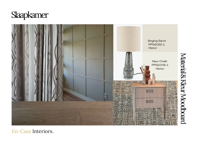 Materiaal- en kleurmoodboard slaapkamer met paneelwand, gordijnen, lamp en houttinten – interieuradvies, interieurontwerp en styling door En-Casa Interiors.
