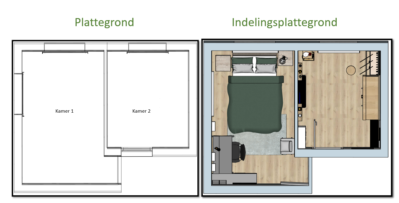 Deze plattegrond laat de uitgangssituatie en de nieuwe indeling zien. En-Casa maakte van twee losse kamers een duidelijk geheel: een slaap- en studeerkamer en een tweede kamer voor kleden en een kleine trainingsplek. Zo krijgt elke functie een eigen 