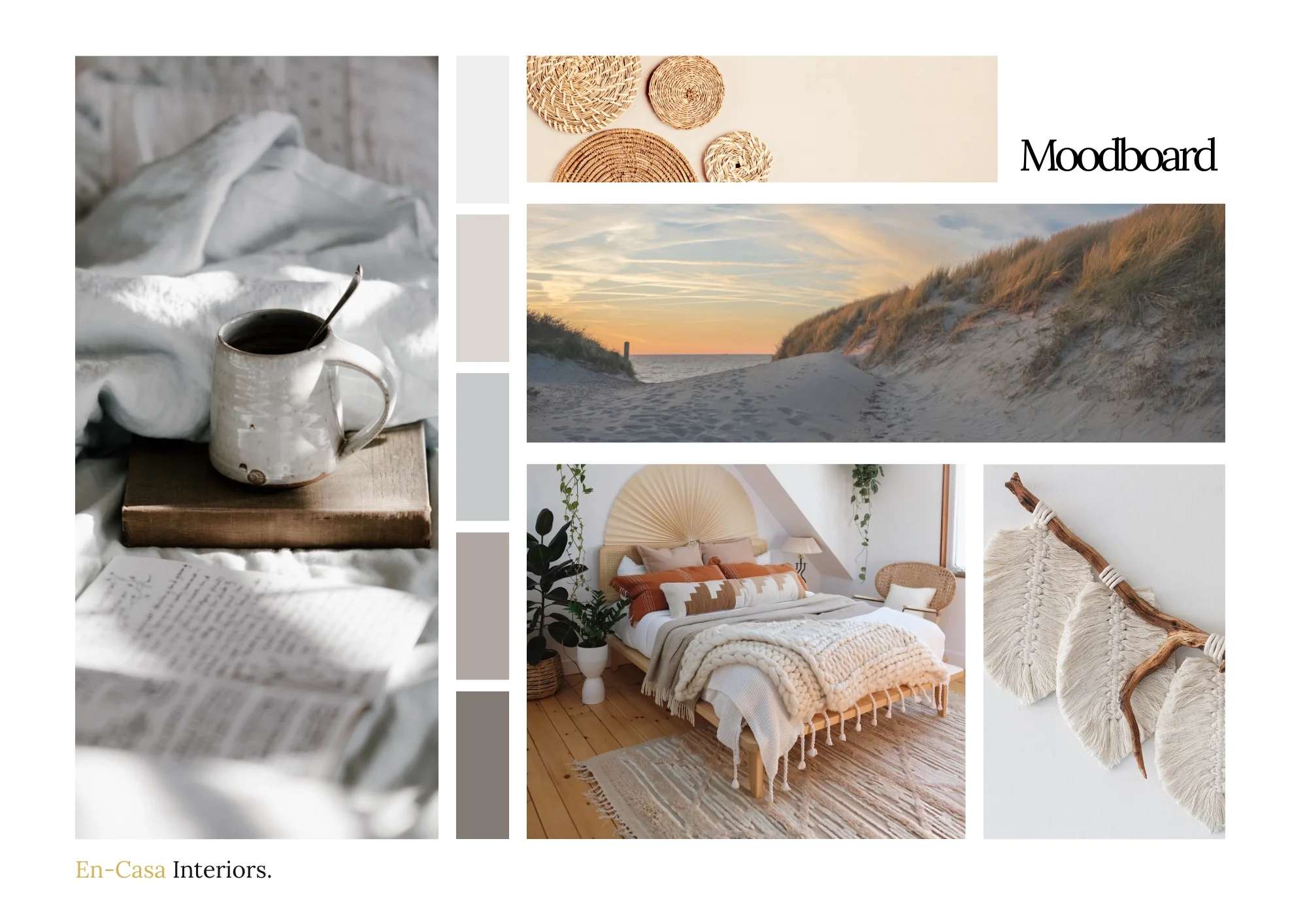 Deze moodboard vormt de basis voor het zolderontwerp en combineert de rust van de kust met warme bohemian invloeden. Zachte beige- en zandtinten, natuurlijke materialen, rotan details en lichte houtaccenten creëren een ontspannen sfeer waarin slapen,