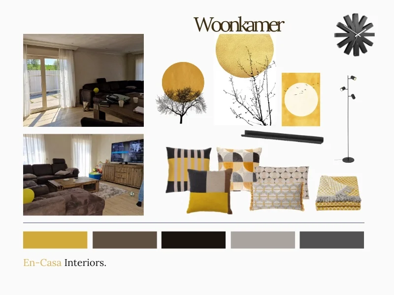 Woonkamer moodboard met warme okergele accenten, grafische prints en een neutrale basis (zwart, grijs en beige) – interieuradvies & styling door En-Casa Interieors.